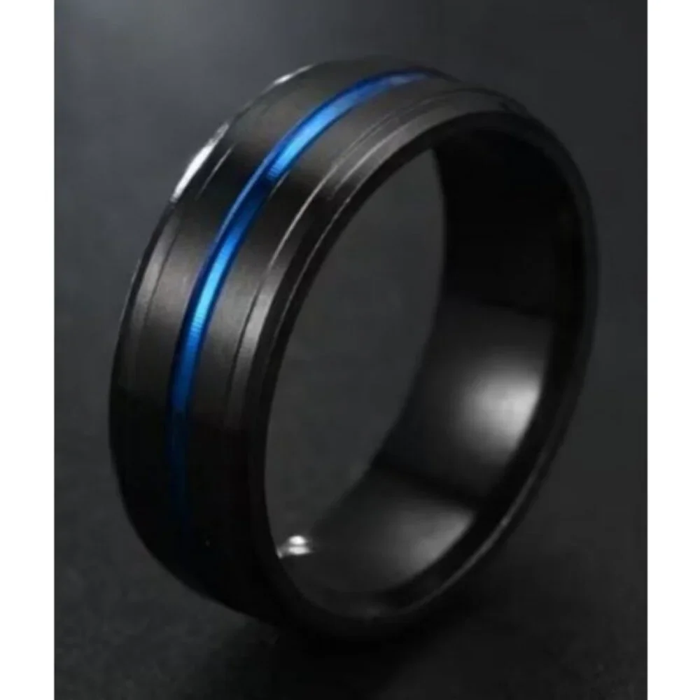 Tungsten Steel matte black polished double beveled blue channel wedding ring